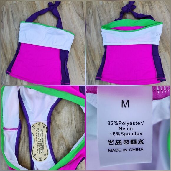 ⏭️NWOT Hot Pink, Neon Green, & Purple Colorblock Tankini Bathing Suit Medium - Picture 12 of 14